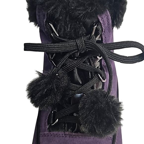 Sporto Womens Purple Leather Upper Black Faux Fur Pom Pom Lace Up Boots Size 8 - Picture 4 of 10